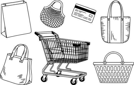 Colecci&oacute;n de compras dibujada a mano que incluye un carrito, varias bolsas y una tarjeta de cr&eacute;dito sobre fondo blanco