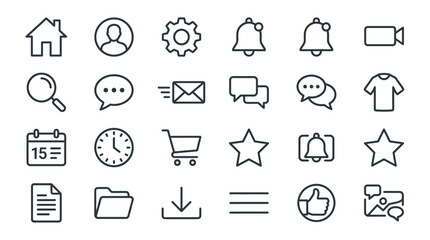 Fototapeta premium Minimalist web UI line icons set featuring home, settings, user, search, and notification symbols