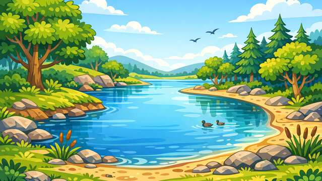 Sweet illustration of a serene lake with a sandy shore, clear water, and nature's beauty.