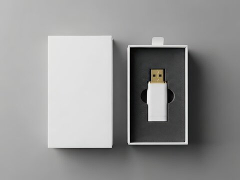 White usb flash drive inside a small gift box