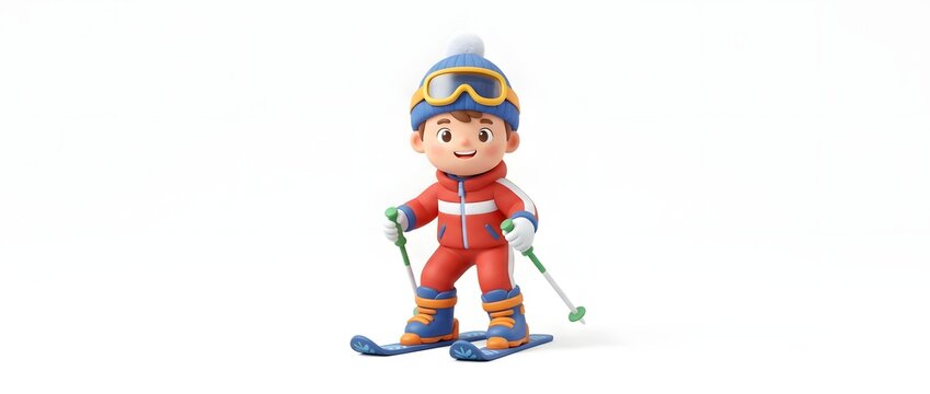 Cartoon boy skiing wearing winter sports clothing and equipment