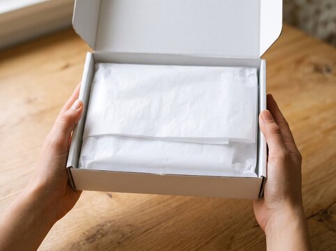 Hands Holding Open White Packaging Box Mockup with Wrapped Tissue Paper