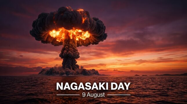 Nagasaki Day 9 August banner with massive nuclear atomic mushroom cloud over sea