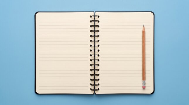 Colorful minimalist setup of an open empty diary with cream paper and black spiral spine next to a mechanical pencil on blue