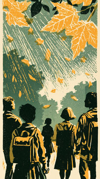 Illustration of Children Walking to School Autumn.