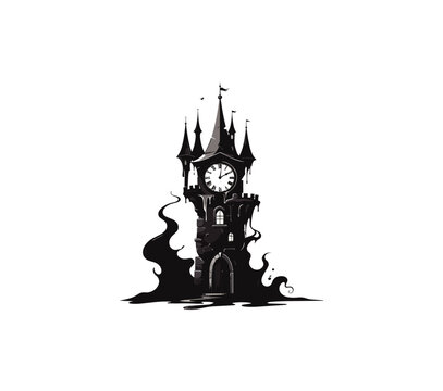 Spooky gothic clock tower silhouette icon with dark smoke