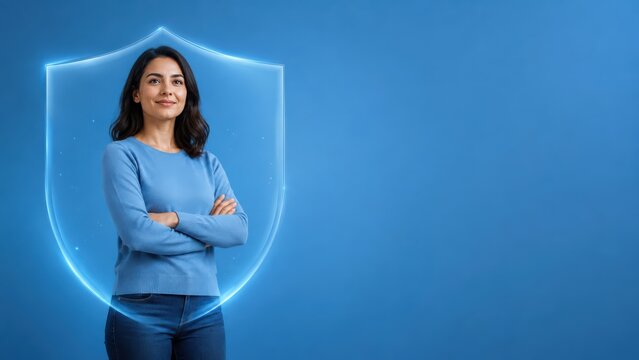 Confident Adult Protected by Translucent Shield on Blue Background