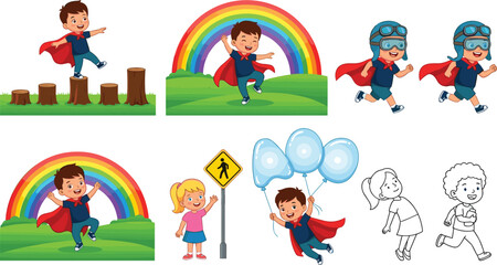 Fototapeta premium Cute cartoon boy superhero action pose character set with rainbow balloons pilot and coloring vector