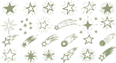 A cute collection of hand-drawn sage green stars, sparkling burst icons, shooting comets, and cosmic doodles isolated on a white background. © Moahmmad