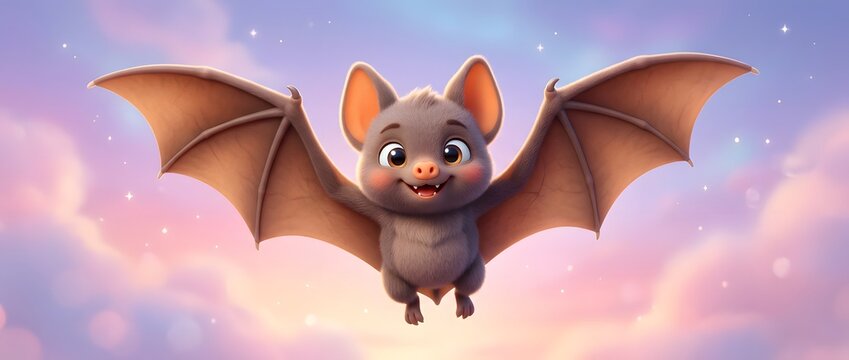 Cute cartoon bat flying in a twilight sky with clouds