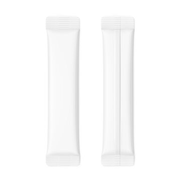 Blank package stick mockup for design, branding, presentation of  food, cosmetic, medicine products. Flat lay view. 3D hight realistic vector illustration isolated on white background. EPS10.