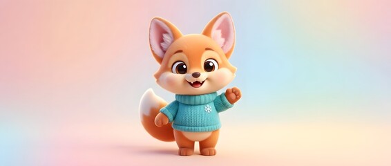 Fototapeta premium Cute cartoon fox waving hello in blue sweater isolated on soft background