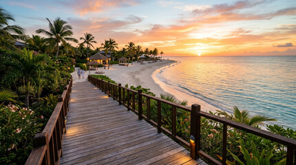 Fototapeta premium Wooden Boardwalk Leading to a Tropical Beach Resort at Sunset