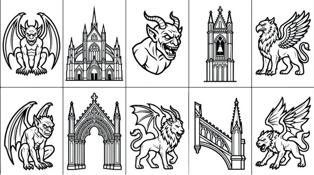 Gothic architecture and mythical creature icons, 10 black and white vector line art illustrations of gargoyles, cathedrals and griffins
