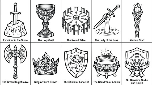 Medieval Arthurian legend icons set, 10 fantasy mythology line art vectors, King Arthur knight equipment and magical relics for coloring book