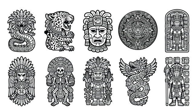Ancient Aztec and Mayan mythology vector icons, traditional Mexican tribal symbols set, black and white indigenous culture illustrations for tattoo design