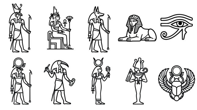 Ancient Egyptian gods and symbols vector set, black line art icons of deities and mythology, 10 Egyptian elements for history and education