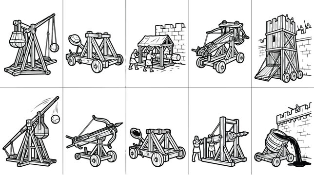 Medieval siege weapons and catapult collection, 10 historical war machine icons, vintage trebuchet and ballista line art vector set