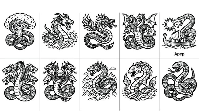 Mythical sea serpent and dragon icons, set of 10 mythological creature vectors, ancient hydra and apep monster illustrations for gaming and fantasy art