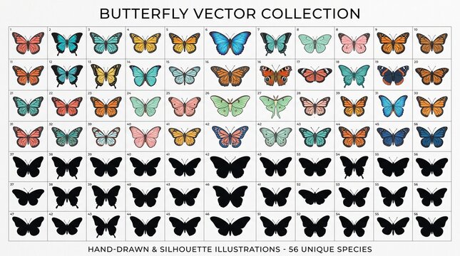 Create a comprehensive vector collection of butterfly illustrations featuring a mix of colorful hand-drawn butterflies and elegant black silhouettes arranged in a structured grid on a light gray backg