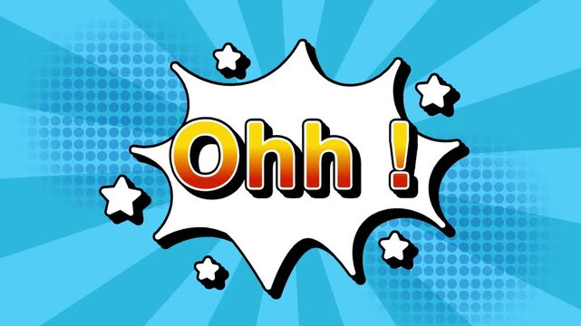 Ohh text word lettering popup comic cartoon reveal with bomb and smoke explosion manga anime book page dots with radial speed lines doodle sky blue background with seamless loop animation retro clip