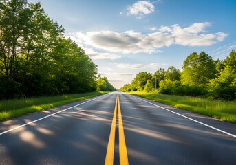 Fototapeta premium Empty two-lane road stretching into green forest under blue sky isolated on white background