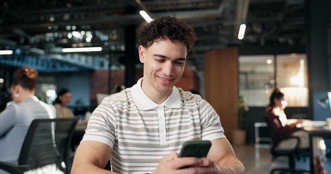 Happy, business and man in office with phone, news research and email source to confirm facts. Male person, coworking and review in workplace with mobile, proofreading and story draft for publication