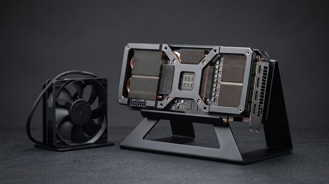 Modern graphics card hardware component. High performance GPU unit for computer gaming.