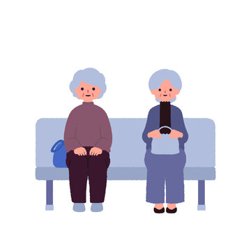 ベンチで順番を待つ高齢女性たちのイラスト｜待合室・受付・公共施設 / Illustration of elderly women waiting in line on a bench | Waiting room, reception area, public facility