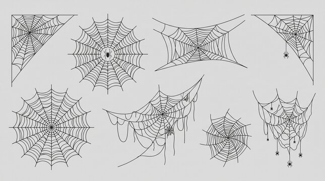 Create a vector collection of spider web illustrations featuring multiple web designs arranged horizontally on a light gray background. Include a variety of styles such as corner spider webs, full rad
