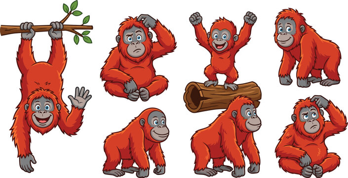 Cute cartoon orangutan monkey character set hanging on branch sitting thinking and standing on log vector