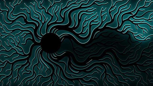 Abstract digital animation showing dark organic neural networks expanding from central sphere with turquoise highlights.