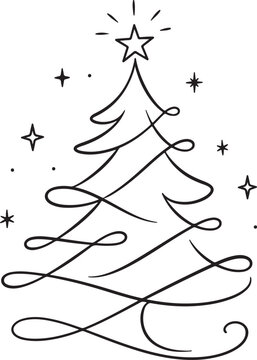 Elegant hand drawn line art christmas tree with glowing stars icon