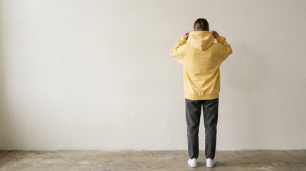 Fototapeta premium Minimalist Rear View of Person in Yellow Hoodie on White Wall for Apparel Mockup, Lifestyle Website Header, Fashion Social Media Ad Banner, and Streetwear Corporate Design Template