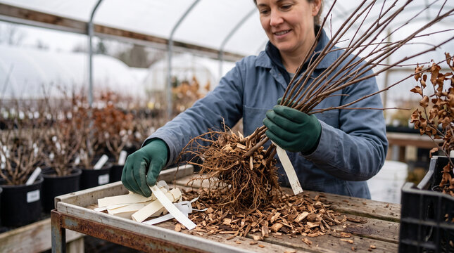Nursery worker inspecting bare root sapling