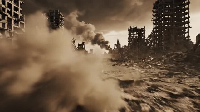 Devastated city landscape with crumbling buildings and thick smoke after a catastrophic war event.