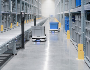 Fototapeta premium Automated Warehouse Robotics: Robotic autonomous mobile robots navigate a modern, high-tech warehouse, efficiently transporting goods along a conveyor belt system.