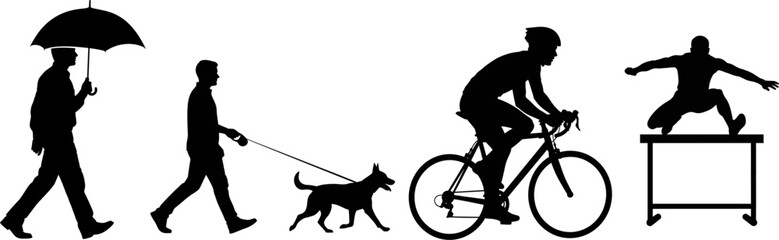 Naklejka premium A collection of black silhouettes showing people walking with an umbrella walking a dog cycling and jumping over hurdles