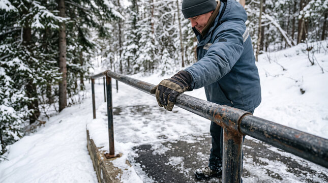 Worker Testing Outdoor Handrail in Snowy Park