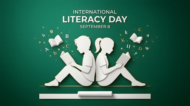 International Literacy Day banner with children reading books and paper cut style on green background