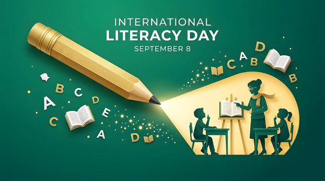 International Literacy Day banner featuring teacher and students with glowing pencil on green background