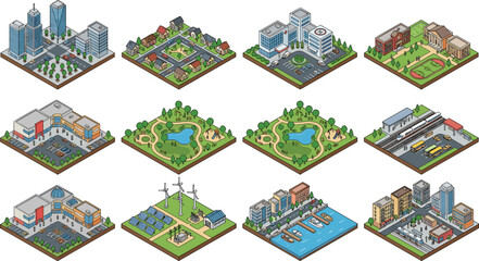 Fototapeta premium Isometric Smart City Block Set with Pixel Art Buildings Renewable Energy Parks Stadium Harbor and Urban District Infrastructure Vector Graphic Designs