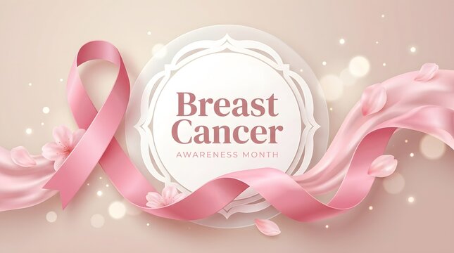 Breast Cancer Awareness Month banner with pink ribbon and flow silk on light background