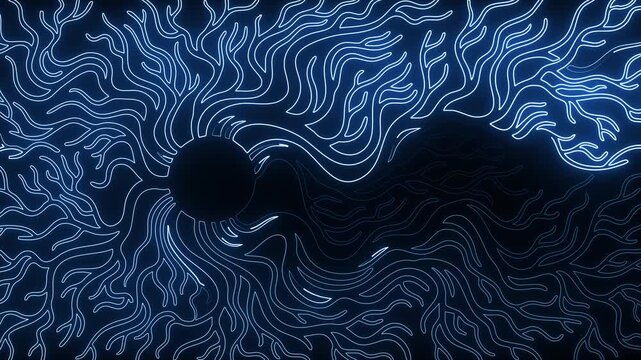 Abstract background animation featuring glowing neon blue light lines emerging from central circle in dark space motion flow.
