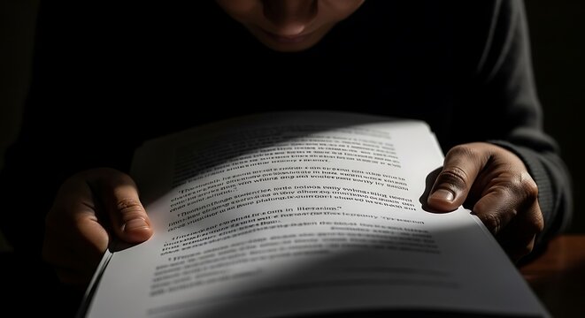 Focused Reading Hands Holding Open Book in Low Light