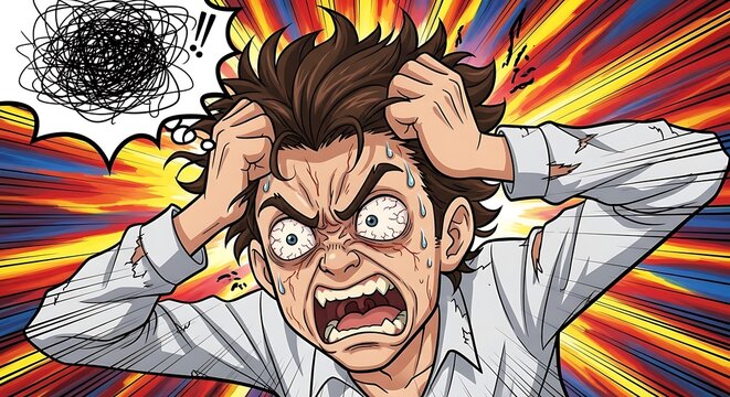 Frantic Man Screaming Clutching Hair in Burst of Colors