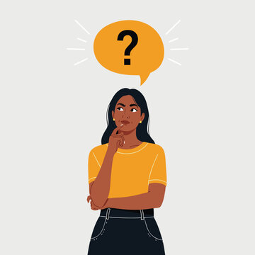 Thoughtful young woman pondering with a question mark in speech bubble vector illustration isolated on neutral background