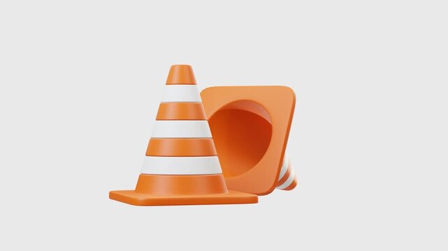 3D render of two orange traffic cones with white reflective stripes, one standing upright and one tipped over, isolated on transparent background alpha channel. Ideal for construction Looped animation