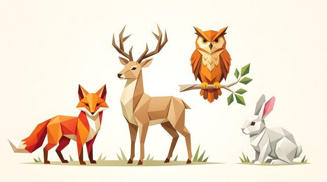 Low poly forest animals collection with fox deer owl and rabbit in geometric art style.