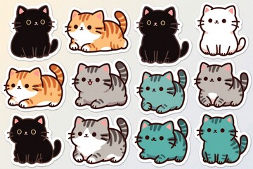 Obraz premium Cute sticker set with cartoon cats in various funny poses. Adorable kittens collection features small feline characters in playful sitting lying positions. Illustration design elements show diverse